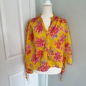 Rhode Yellow Floral Smocked Cotton Blouse Button Front Ruffle Cuff Top NO SIZE